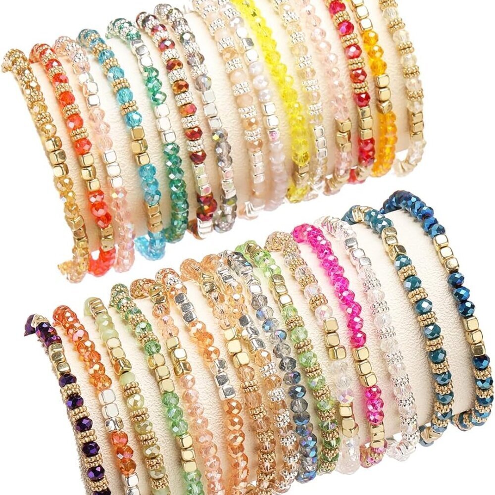 30Pcs Colorful Crystal Beaded Bracelets Set Stackable Adjustable Jewelry